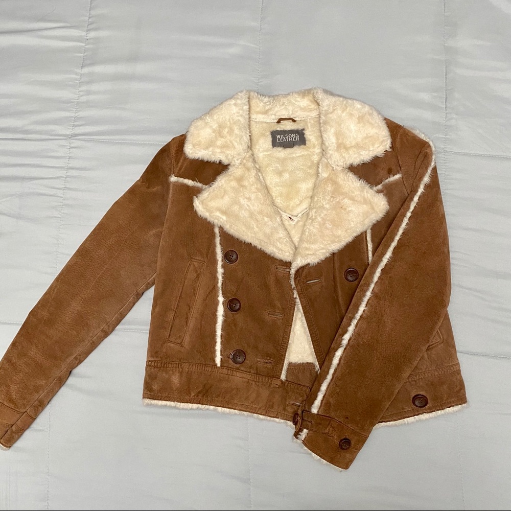 Wilsons Leather Brown Suede Shearling Jacket with Cream Trim